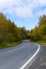 Fototapeta na wymiar Road in taiga in autumn in Karelia