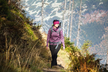 Girl walk over the mountains, Czech mountains Krkonose