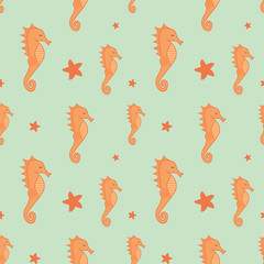 orange seahorse and starfish seamless vector pattern background illustration © Alice Vacca