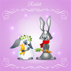 Postcard with two rabbits on a purple background