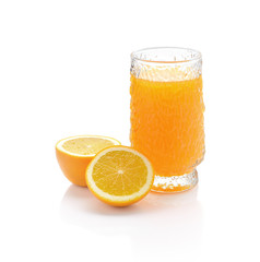 Orange juice and slices of orange isolated on white background