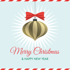 Christmas card with christmas ball, red ribbon, stars, and logo title. Editable vector design.