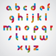Colorful sectored font with rounded lower case letters.
