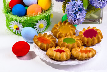 cookies and multi-colored eggs