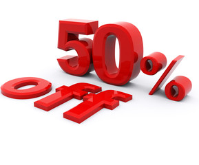 3D rendering of a 50 percent in red letters on a white background