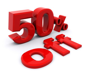 3D rendering of a 50 percent in red letters on a white background