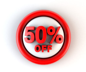 3D rendering of a 50 percent in red letters on a white background