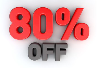 3D rendering of a 80 percent in red letters on a white background