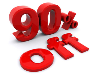 3D rendering of a 90 percent in red letters on a white background