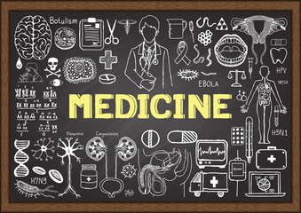 Doodles about medicine on chalkboard. Hand drawn medical icons.