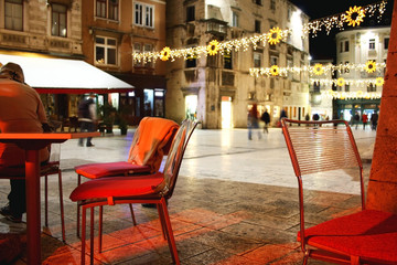 Christmas atmospehere in Split, Croatia. View from the coffeshop in the old town. Long exposure at night. 