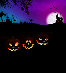 Happy Halloween Scary Night Party Concept with glowing Jack O Lantern pumpkins at 

cemetery and monsters, horror haunted castle and full moon on background.