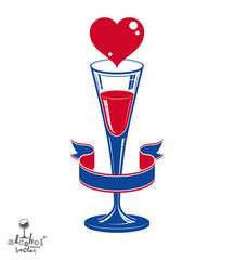Champagne party goblet with red loving heart and festive ribbon.