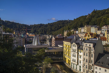 Obraz premium Panoramic View in Karlovy Vary aka Carlsbad,Czech famous SPA place with hot mineral springs.