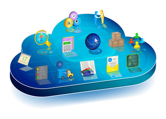 Online business process managing in cloud application. Concept. Blue 3d cloud with enterprise process management icons on it.