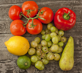 fruits and vegetables on the old board