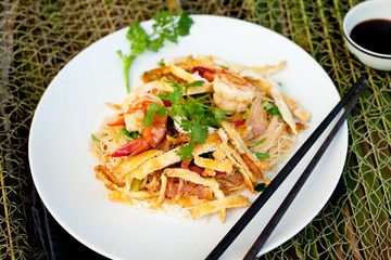 Stir fried noodles with eggs and shrimps