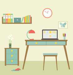 Workplace with modern computer in retro interior. Flat vector illustration.