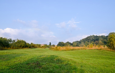 Countryside of region Horezu, Romania with hills, mountains and fileds, autumn time.