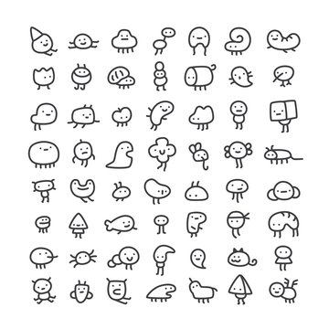 set of simple line art monster characters