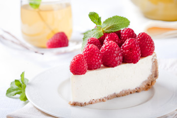 Cheesecake slice with fresh raspberry
