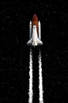 Space shuttle taking off on a mission. Elements of this image