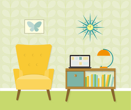 Bookcase and chair with lamp. Flat style vector illustration.