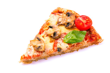 Slice of tasty pizza with vegetables and basil isolated on white