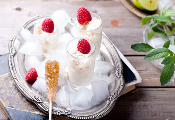 Almond milk granita with raspberries