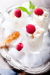 Almond milk granita with raspberries