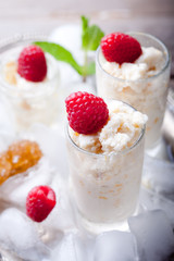Almond milk granita with raspberries
