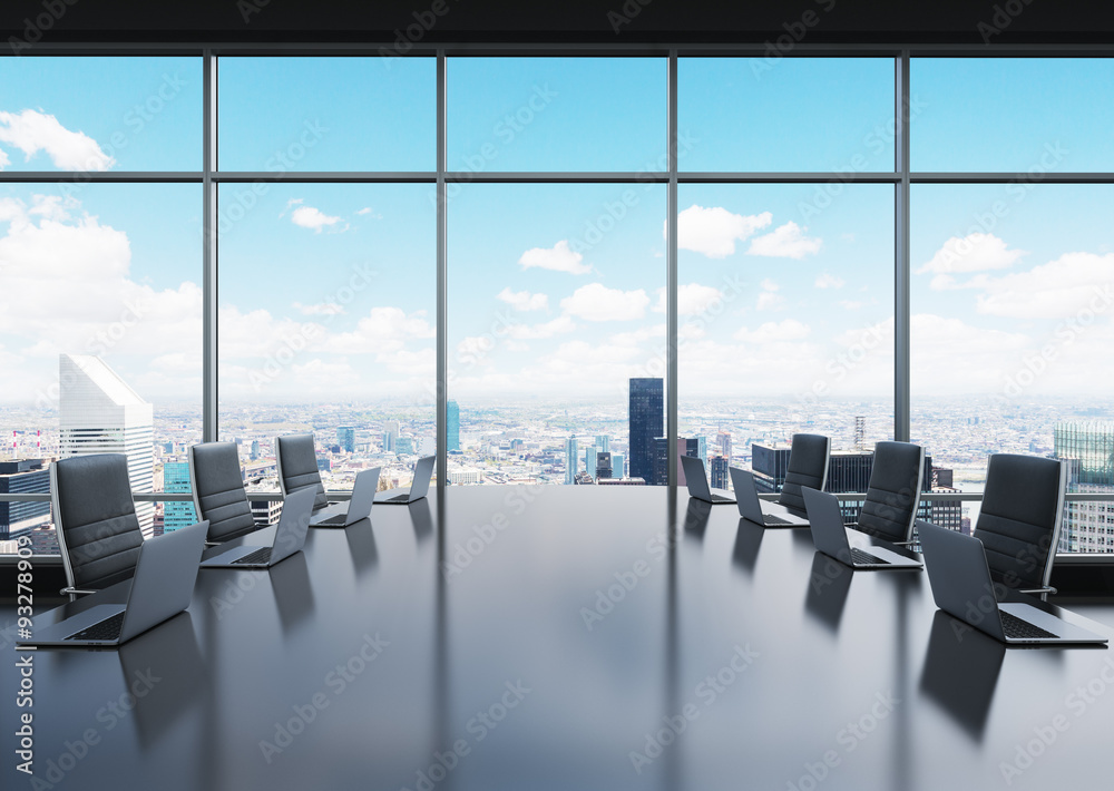 Wall mural A conference room equipped by modern laptops in a modern panoramic office in New York. Black leather chairs. 3D rendering.