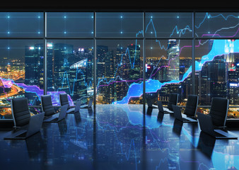 A conference room equipped by modern laptops in a modern panoramic office, evening New York city view. Financial charts are drawn over the panoramic windows. 3D rendering.