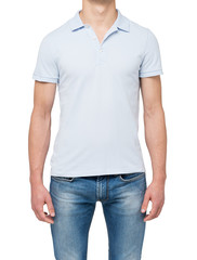 Obraz premium Front view of a man in a light blue polo shirt and denims. isolated on white background.