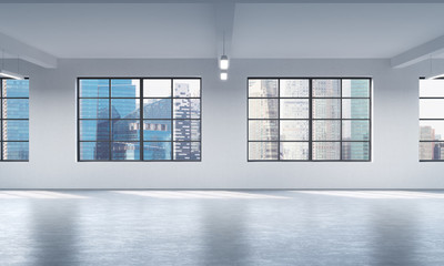 Fototapeta premium Nowoczesne jasne, czyste wnętrze otwartej przestrzeni w stylu loft. Ogromne okna i białe ściany. Singapur panoramiczny widok na miasto. Renderowanie 3D.