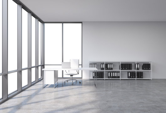 A workplace in a modern corner panoramic office with copy space in the windows. A white desk with a laptop, white leather chair and a bookshelf with black document folders. 3D rendering.