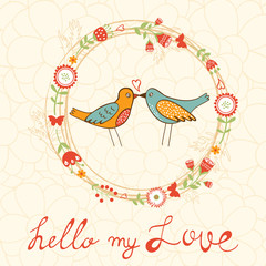 Elegant love card with birds and floral wreath 
