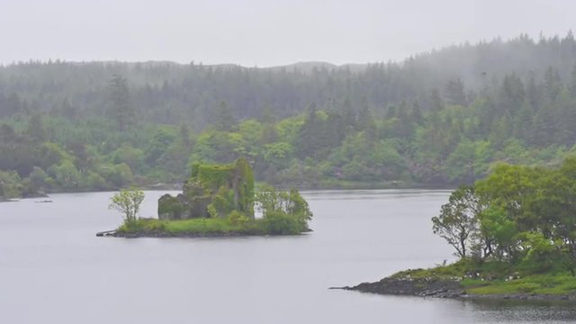 Old stone house, overgrown with plants, on a tiny island in a lake in Connemara, Ireland, on a foggy day. HD 1080p slow zoom in.