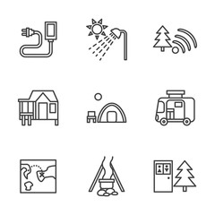 Forest camping black flat line icons