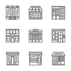 Store and cafe fronts flat line vector icons
