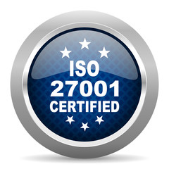 iso 27001 blue circle glossy web icon on white background, round button for internet and mobile app