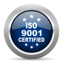 iso 9001 blue circle glossy web icon on white background, round button for internet and mobile app