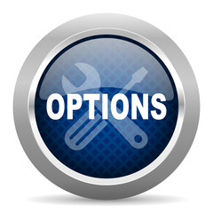 options blue circle glossy web icon on white background, round button for internet and mobile app