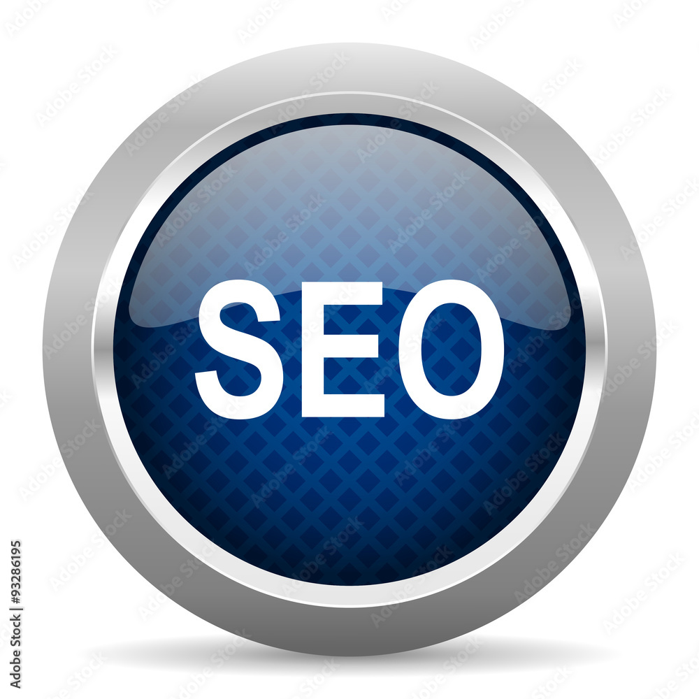 Poster seo blue circle glossy web icon on white background, round button for internet and mobile app