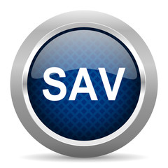 sav blue circle glossy web icon on white background, round button for internet and mobile app