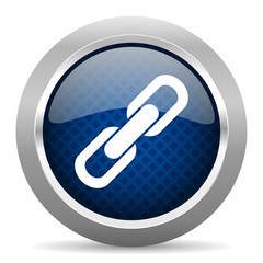 link blue circle glossy web icon on white background, round button for internet and mobile app