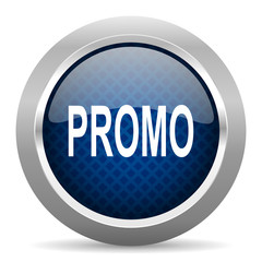promo blue circle glossy web icon on white background, round button for internet and mobile app