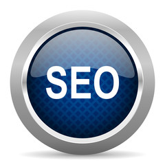 seo blue circle glossy web icon on white background, round button for internet and mobile app