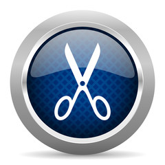 scissors blue circle glossy web icon on white background, round button for internet and mobile app