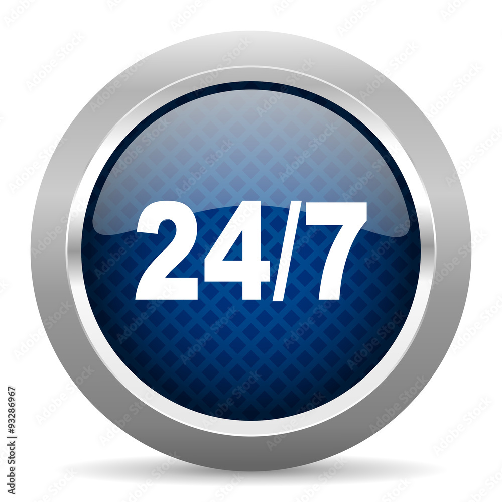 Poster 24/7 blue circle glossy web icon on white background, round button for internet and mobile app